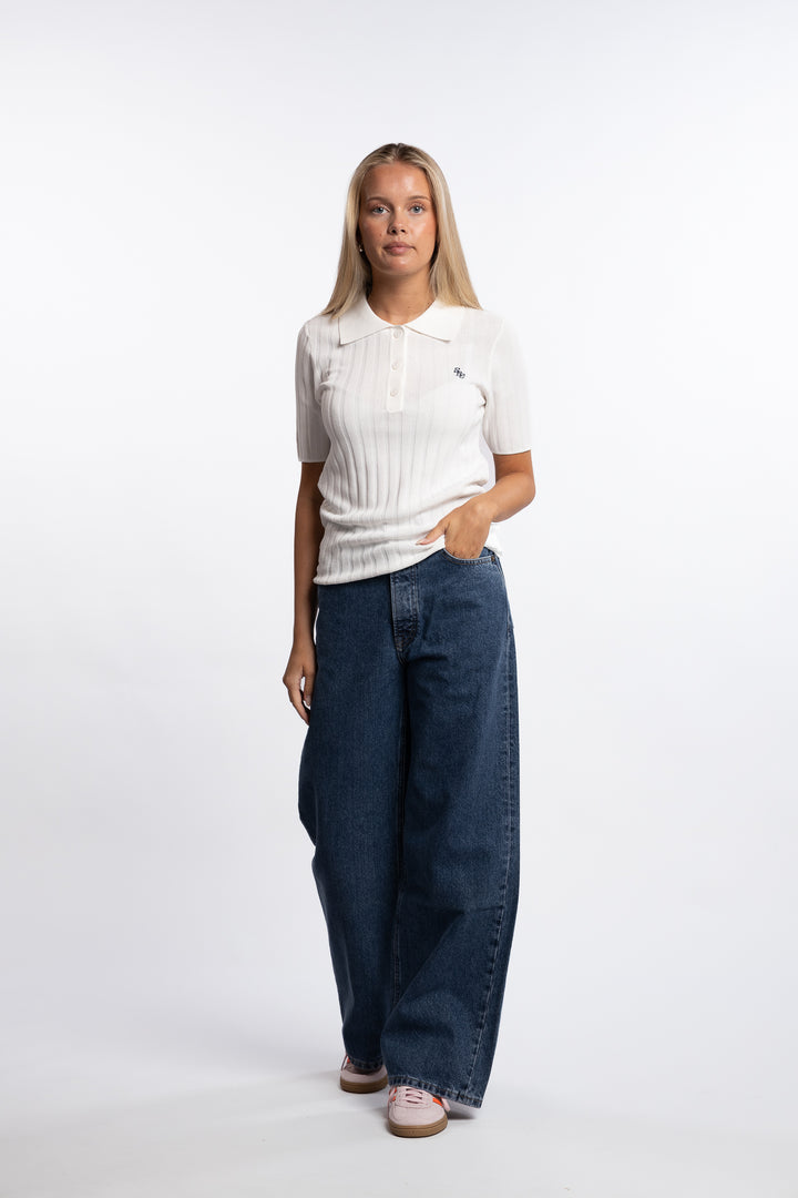 SRC Ribbed Polo- Ecru/Navy