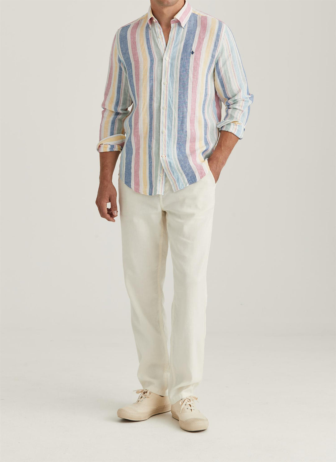 Linen Classic Fit Happy Stripe Shirt Light Blue