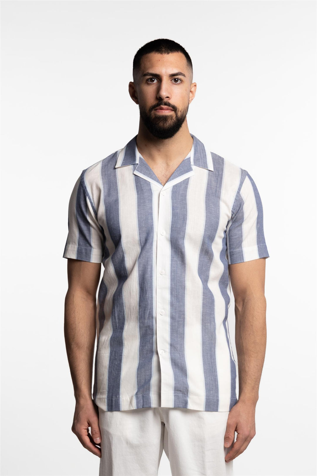 Striped Cotton/Linen Shirt Dark Blue