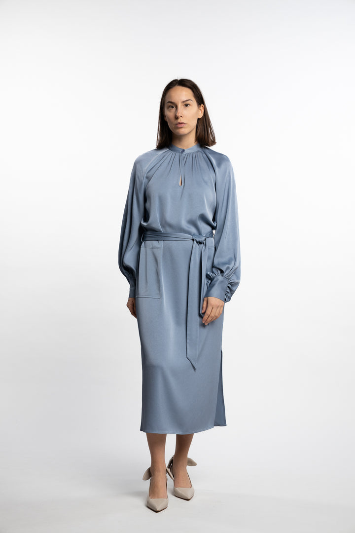 Belted Longsleeve Dress- Air Blue
