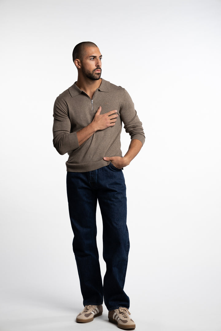 Ecovero LS Zip Polo Dk Sand Mel