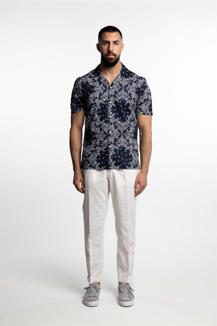 Short Sleeve Linen/Cotton Shirt Navy Paisley