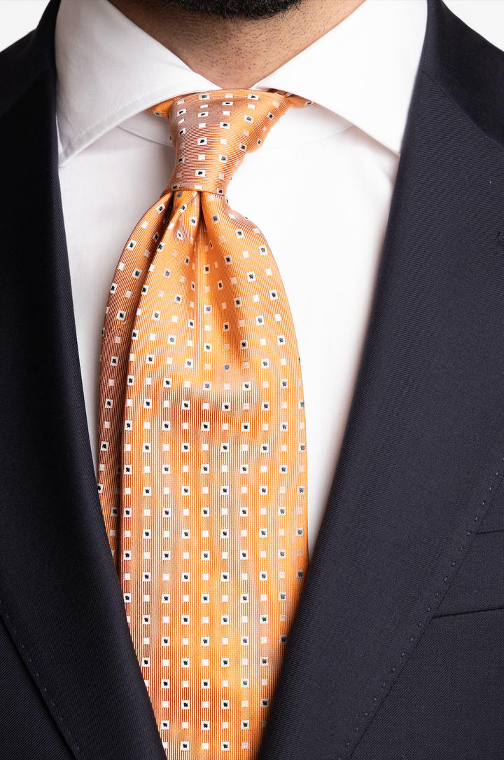 Silk Woven Tie Orange With Blue Squares