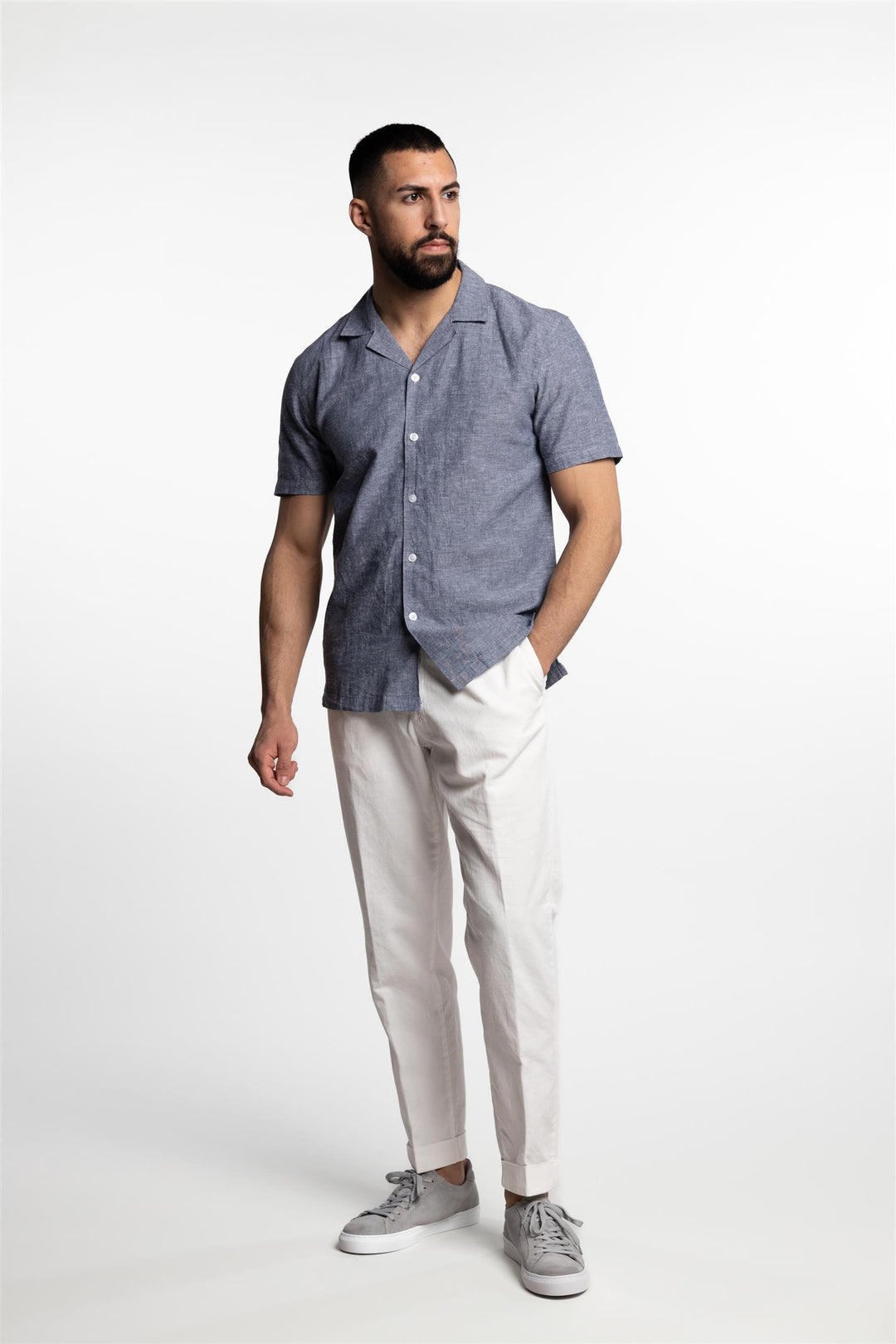 Short Sleeve Linen/Cotton Shirt Dark Blue