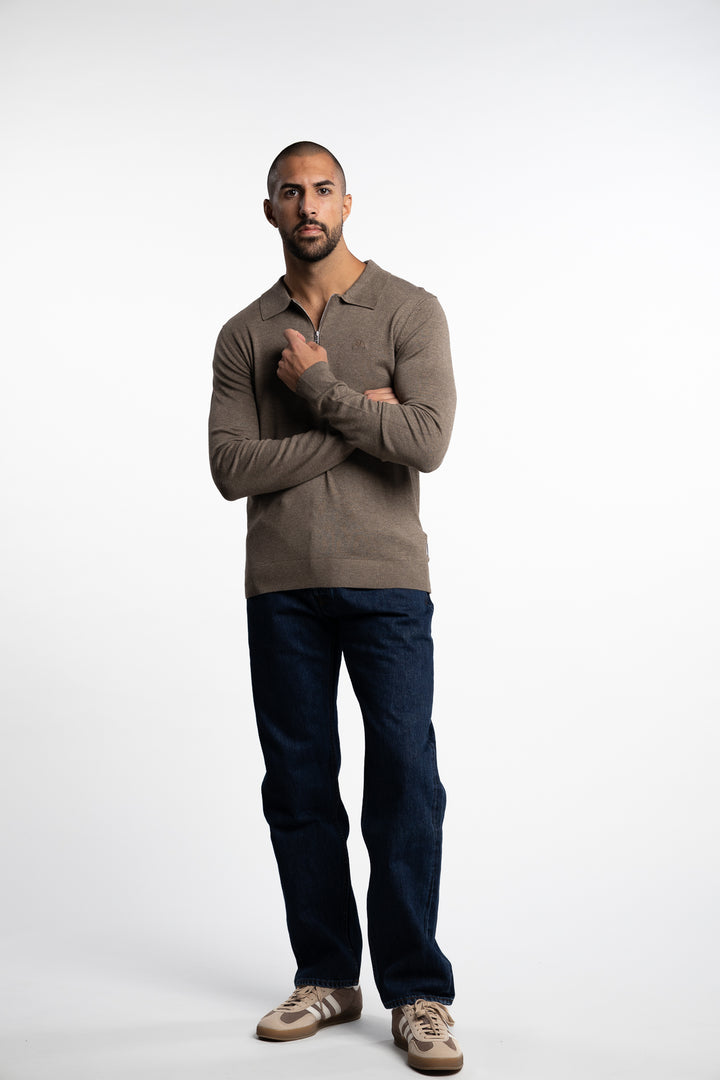 Ecovero LS Zip Polo Dk Sand Mel