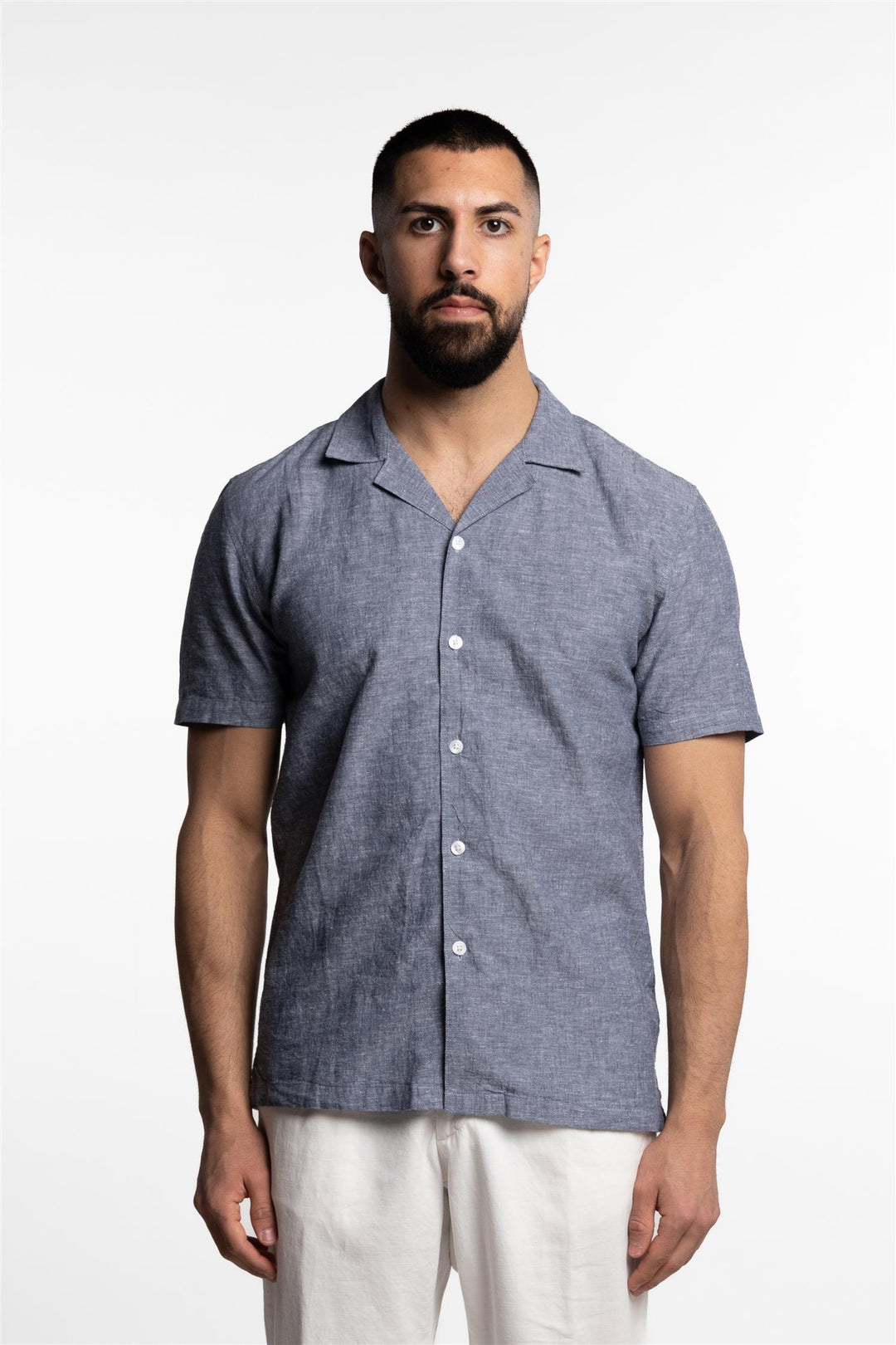 Short Sleeve Linen/Cotton Shirt Dark Blue