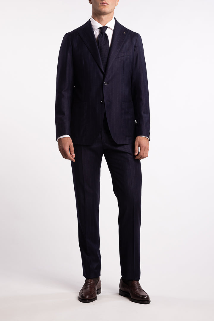 Virgin Wool Regular Fit Flannel Suit Navy Pinstripe