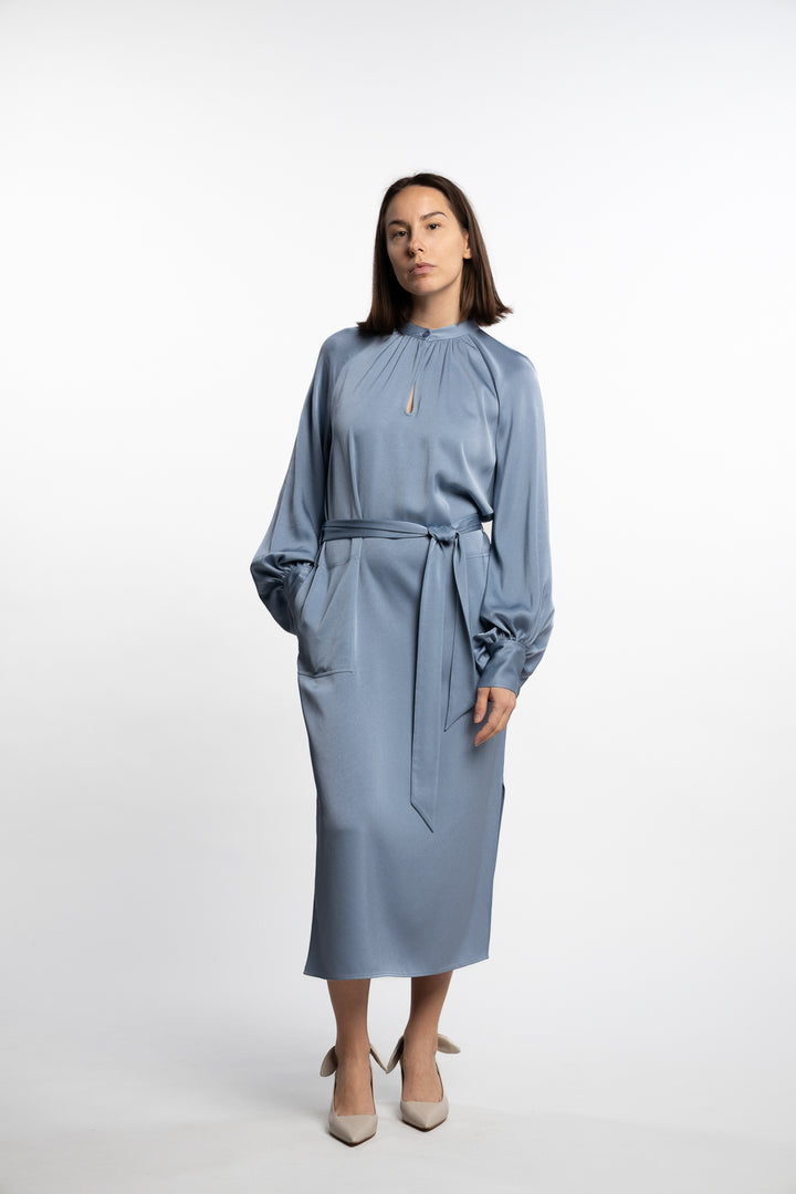 Belted Longsleeve Dress- Air Blue