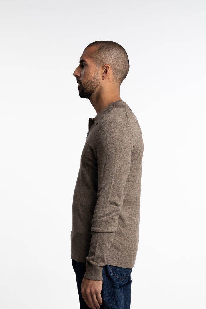 Ecovero LS Zip Polo Dk Sand Mel