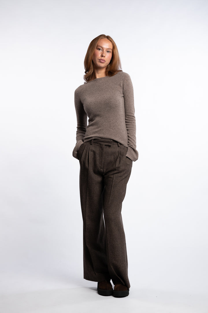 Ava Herringbone Trouser - Brown Herringbone