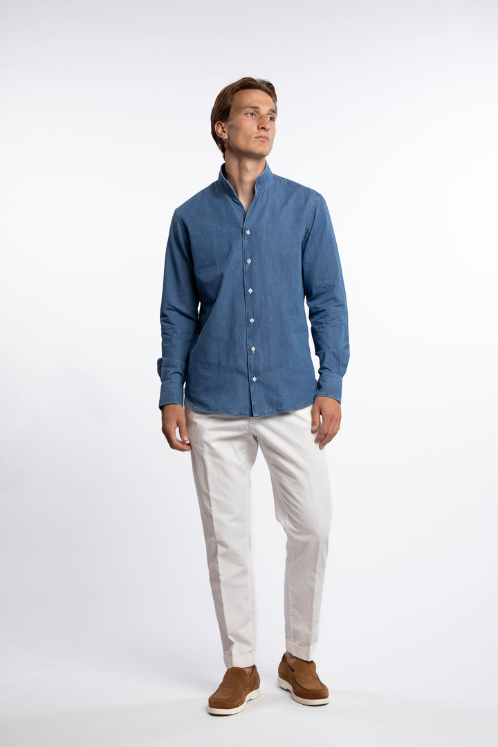 Cotton Shirt No Collar Denim