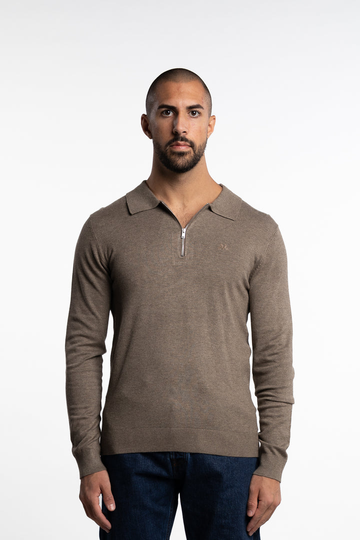 Ecovero LS Zip Polo Dk Sand Mel