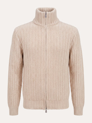 Ribbed Virgin Wool/Cashmere Zip Sweater Cream