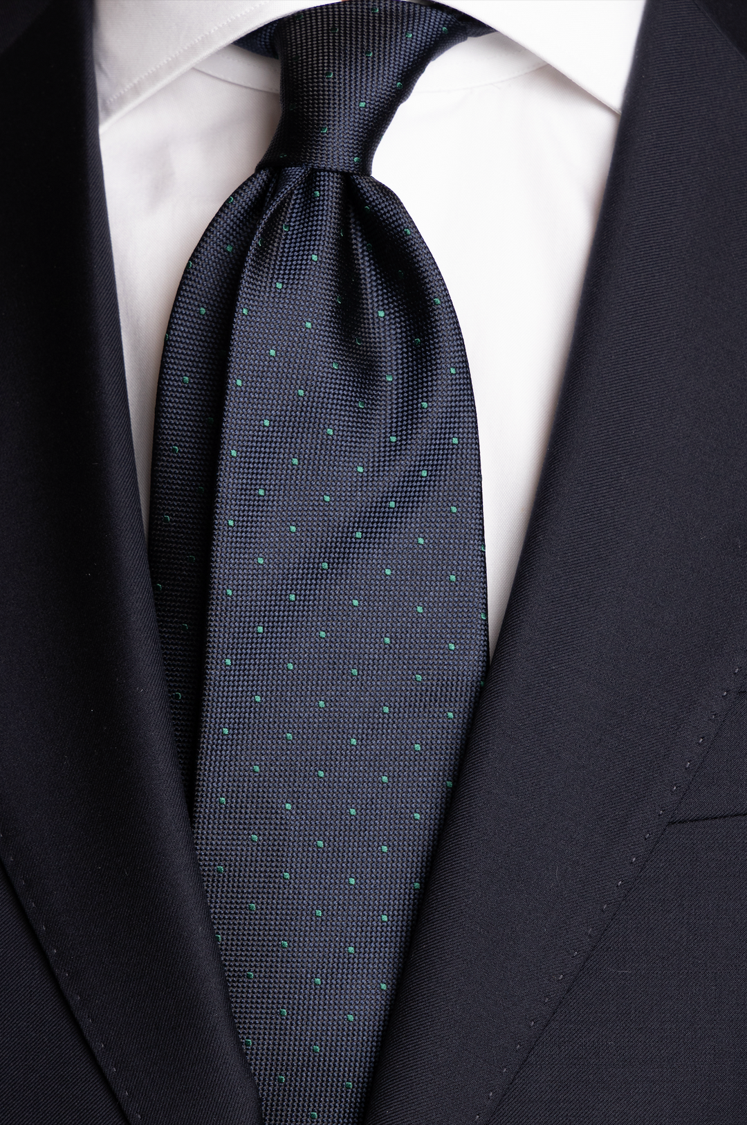 Silk Woven Tie Navy With Green Dots