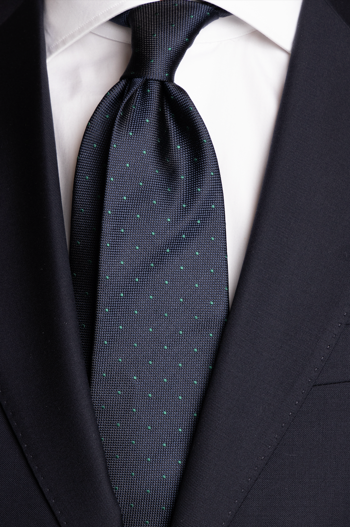 Silk Woven Tie Navy With Green Dots