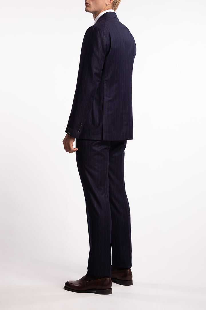 Virgin Wool Regular Fit Flannel Suit Navy Pinstripe