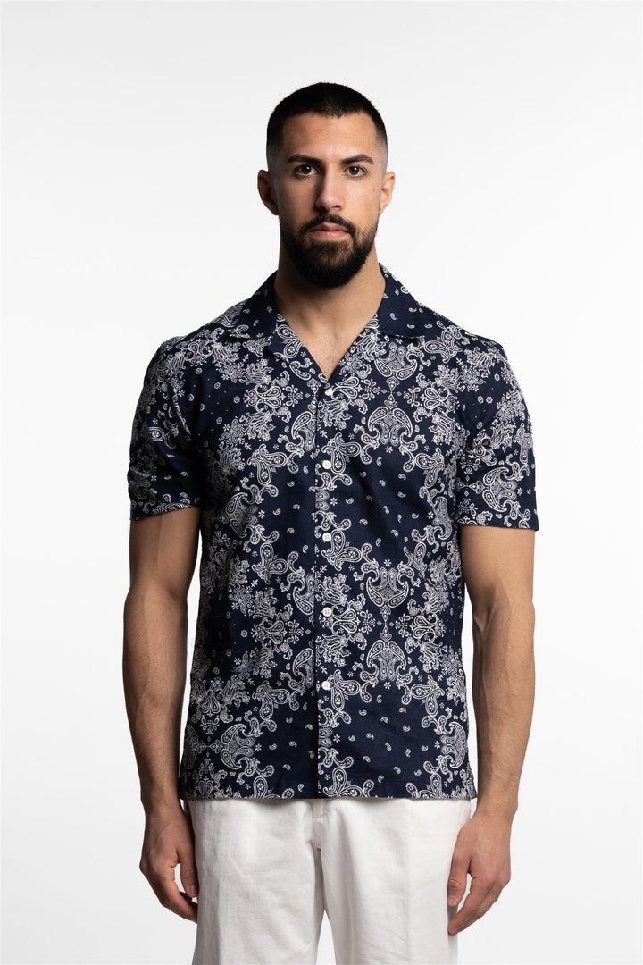 Short Sleeve Linen/Cotton Shirt Navy Paisley