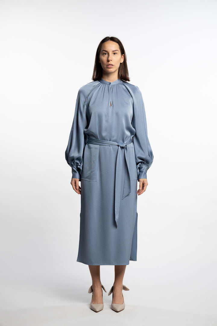 Belted Longsleeve Dress- Air Blue