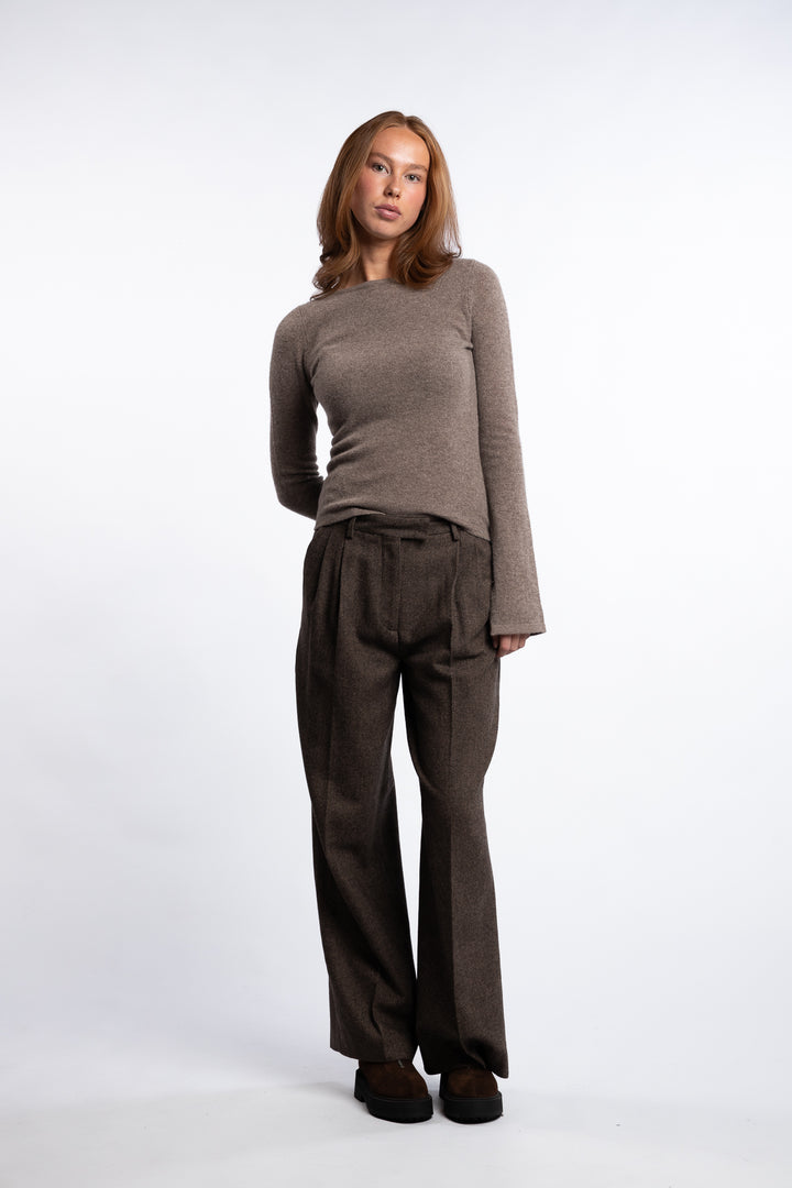 Ava Herringbone Trouser - Brown Herringbone