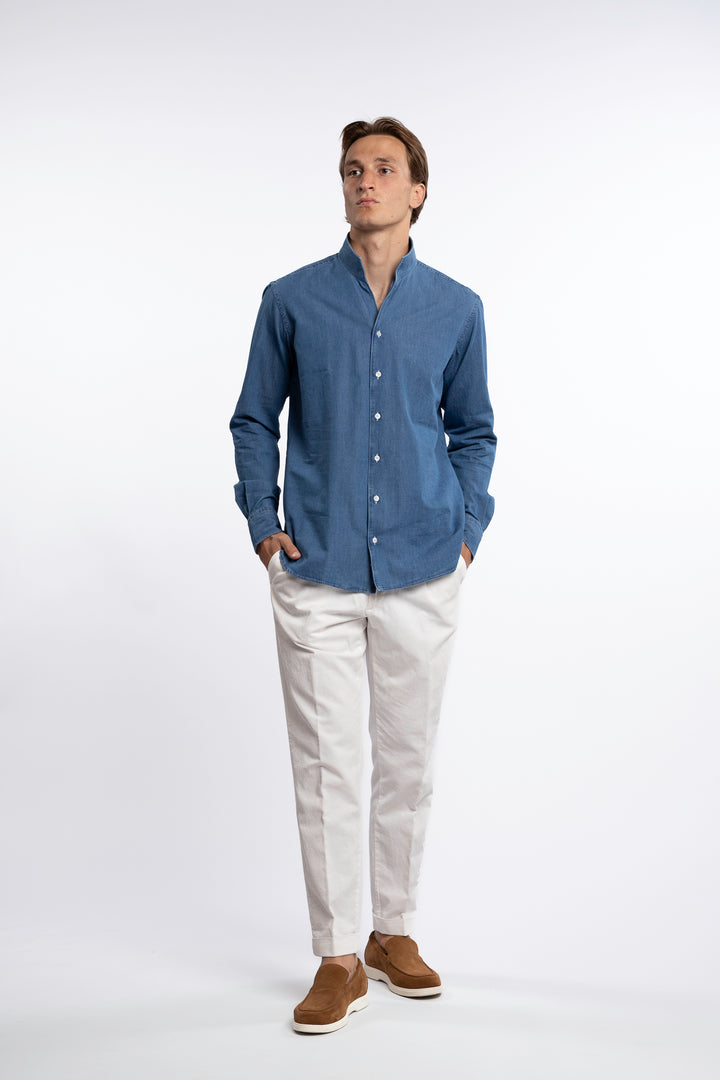 Cotton Shirt No Collar Denim