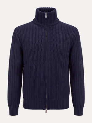 Ribbed Virgin Wool/Cashmere Zip Sweater Navy