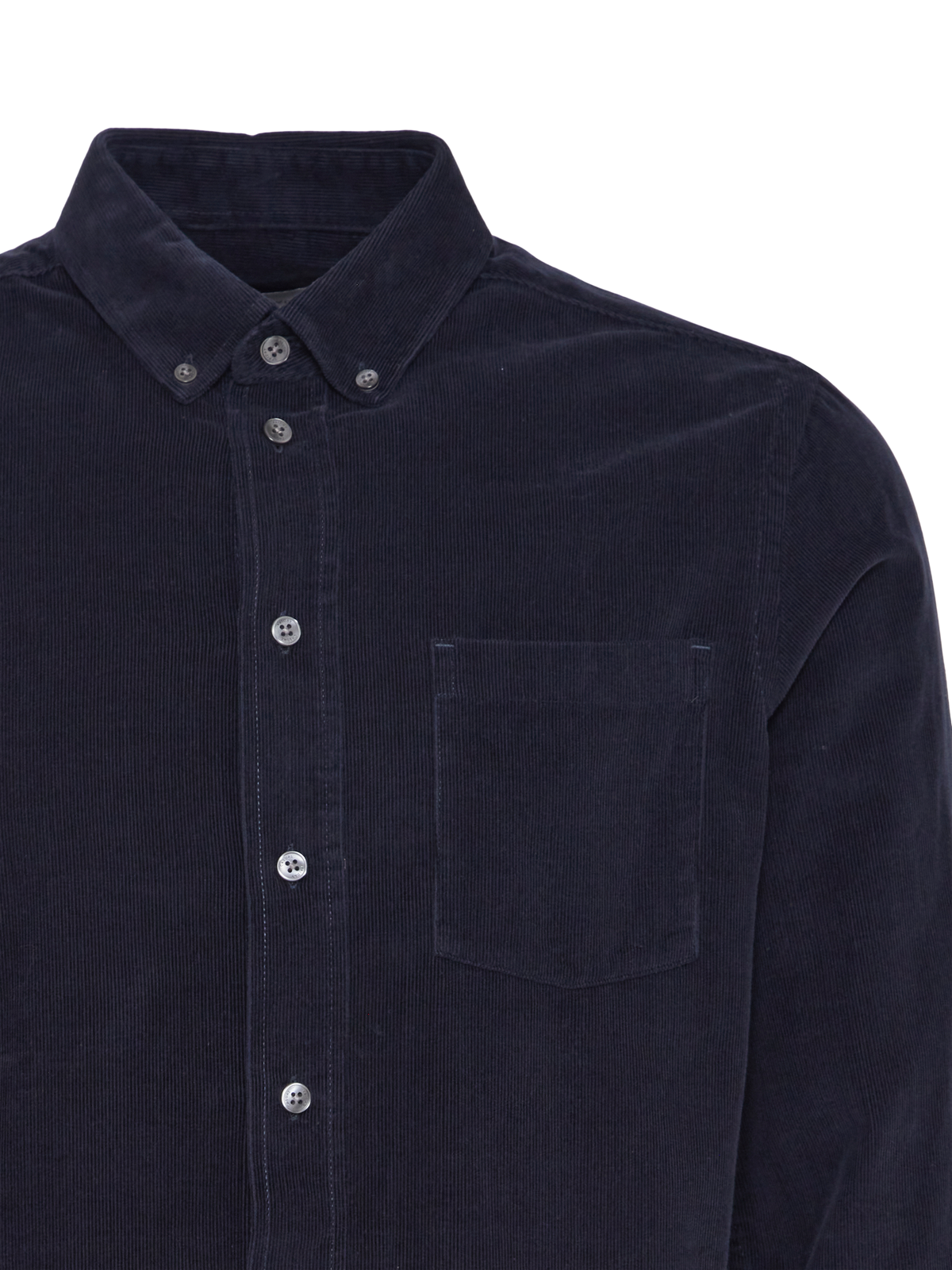 Anton LS BD Baby Cord Shirt Dark Navy - detaljbilde krage og lomme