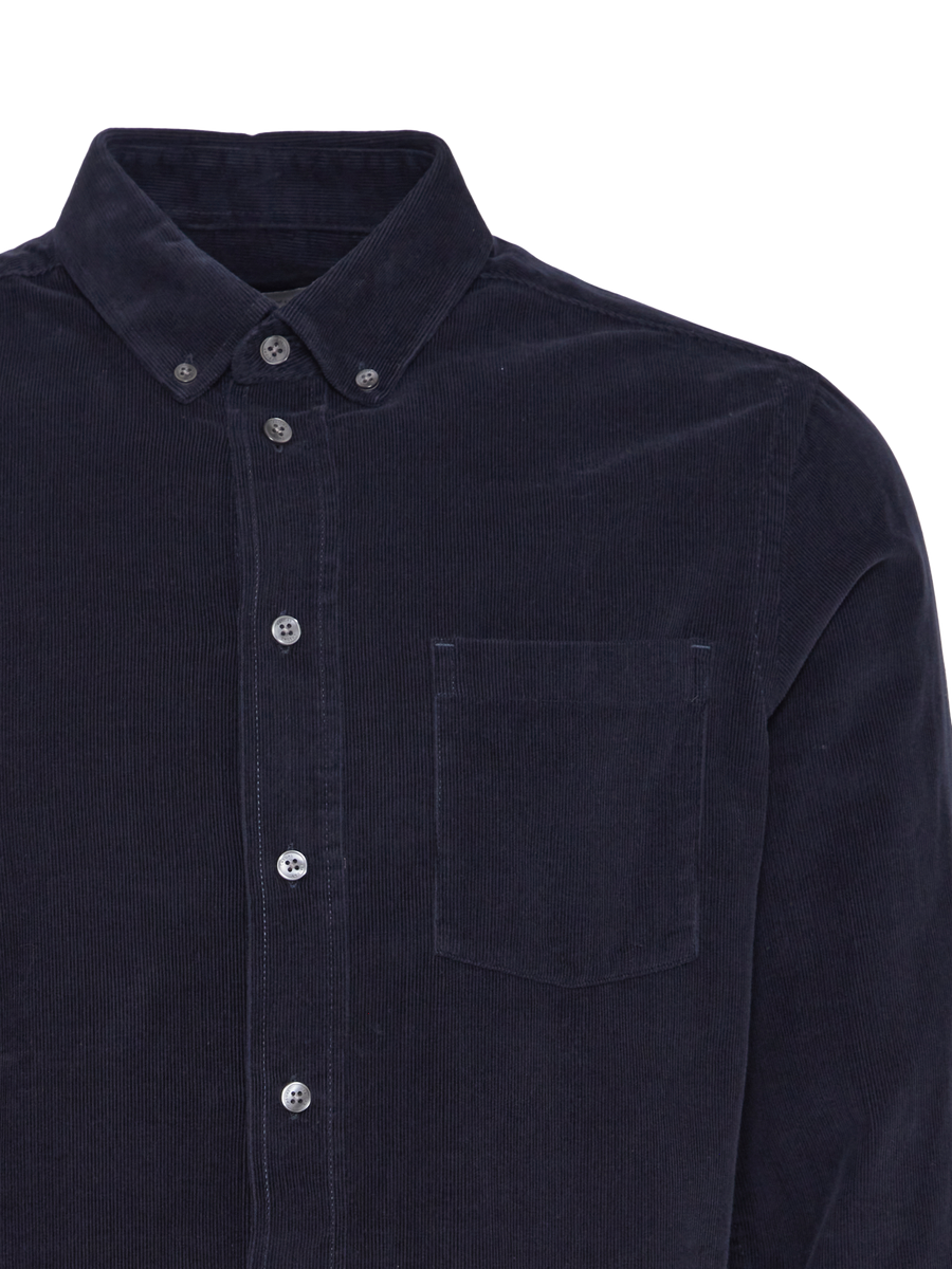 Anton LS BD Baby Cord Shirt Dark Navy - detaljbilde krage og lomme
