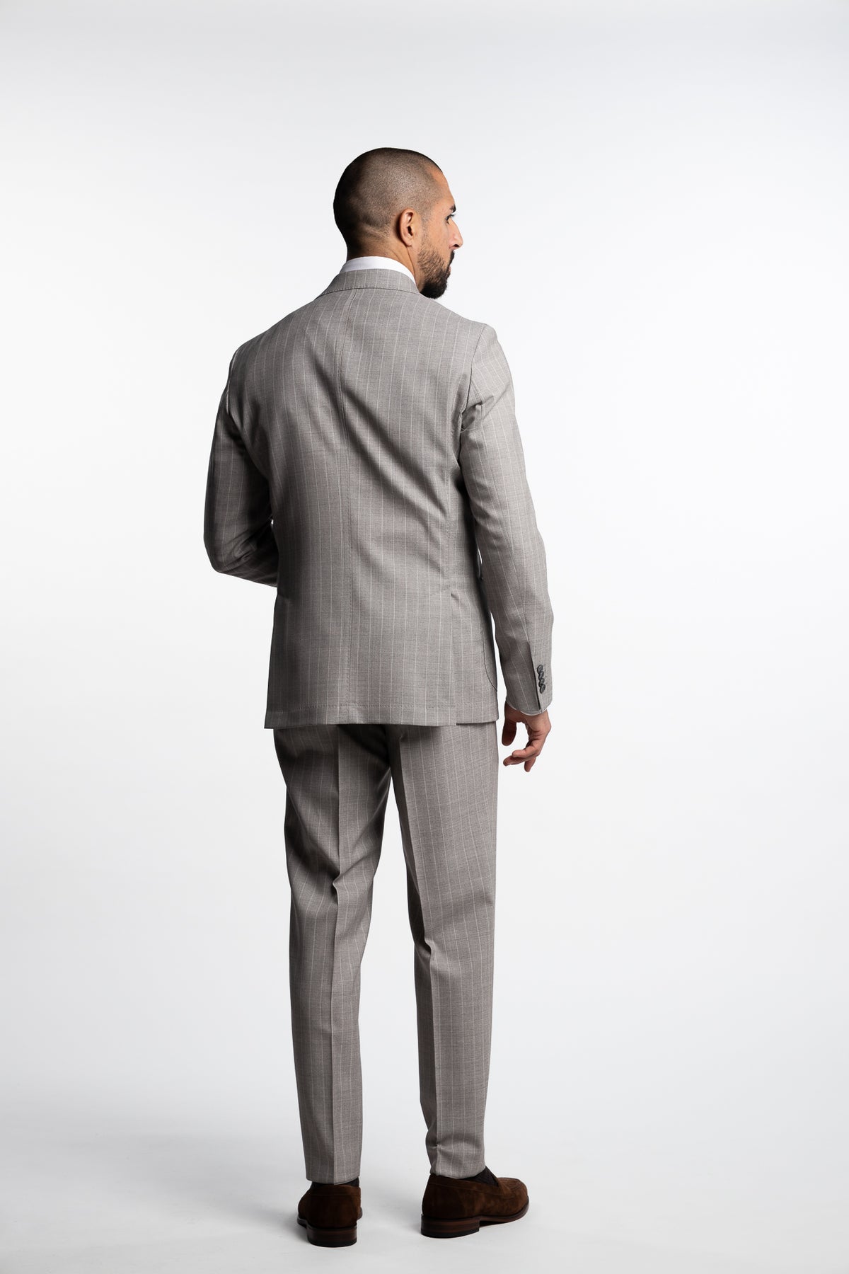 Vicenza Double Breasted Wool Suit Beige Stripe