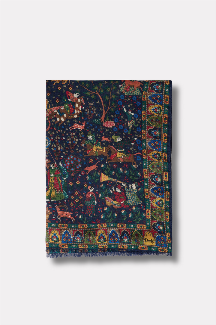 Moghul Garden Wool-Silk Scarf Navy