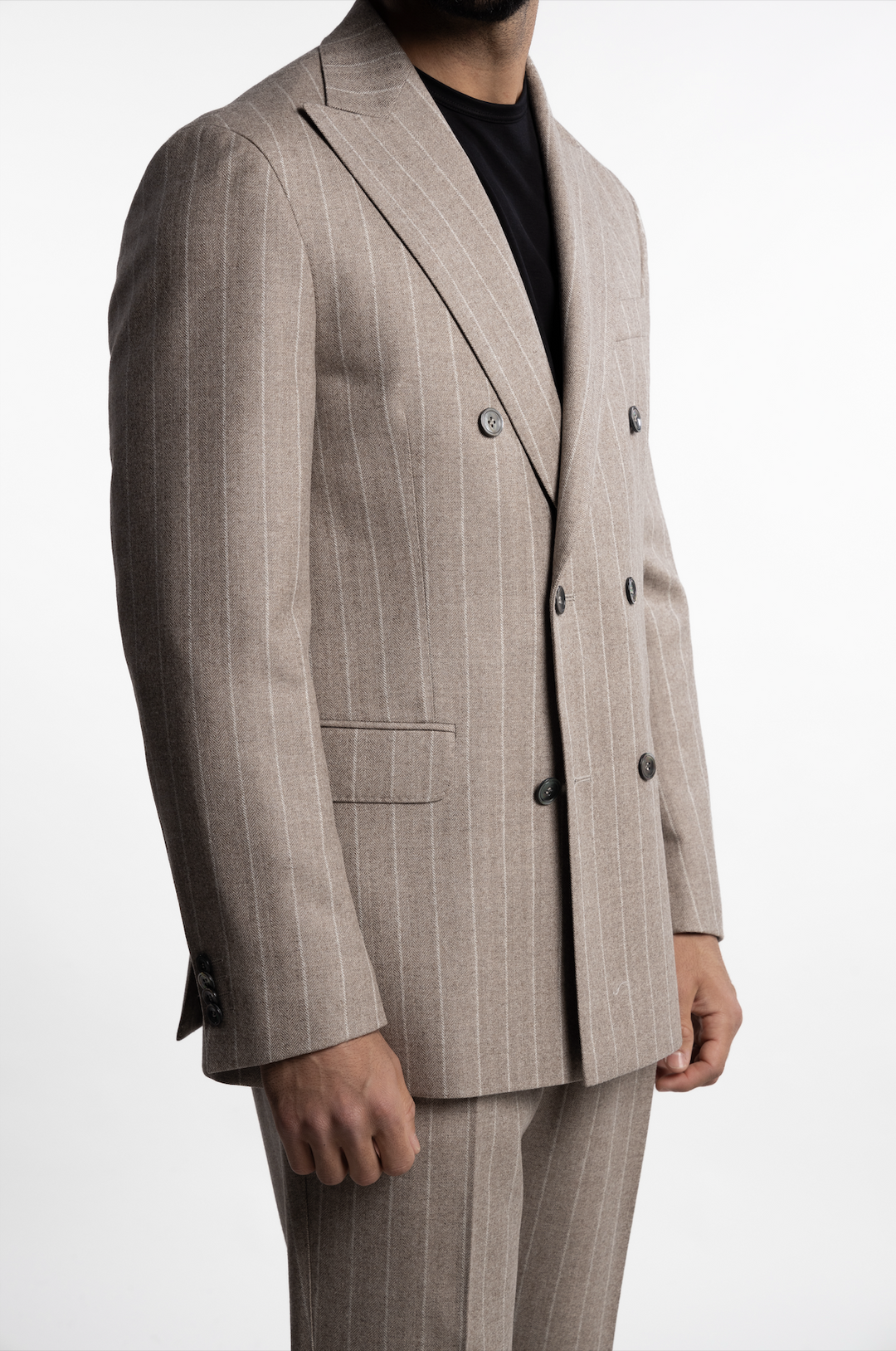 Farris Double Breasted Wool Blazer Sand Beige Pinstripe