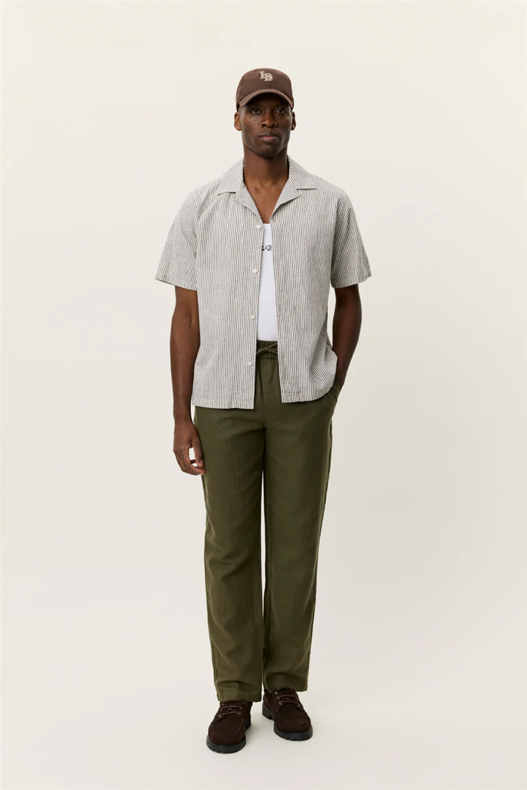 Lukas Stripe Cotton Linen SS Shirt Teak Brown