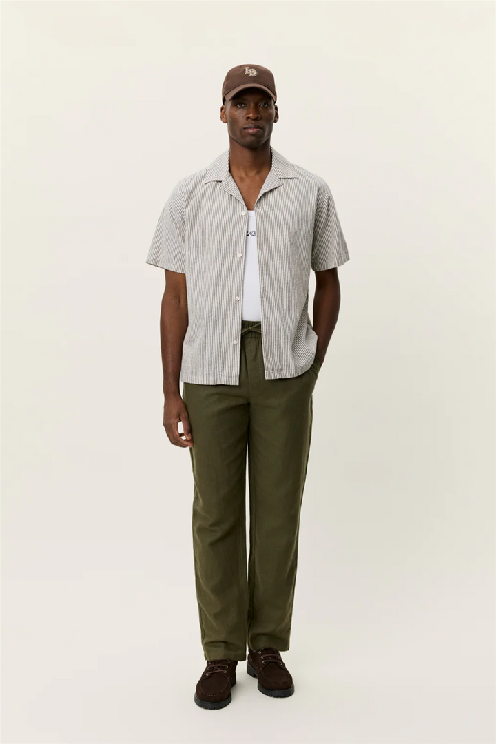 Lukas Stripe Cotton Linen SS Shirt Teak Brown