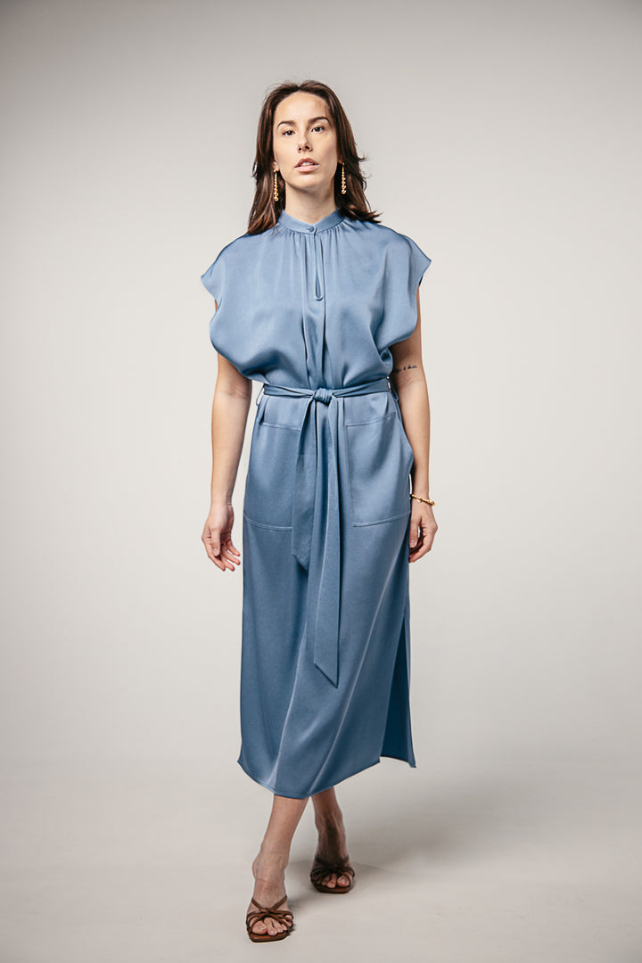 Belted Stand Collar Dress- Air