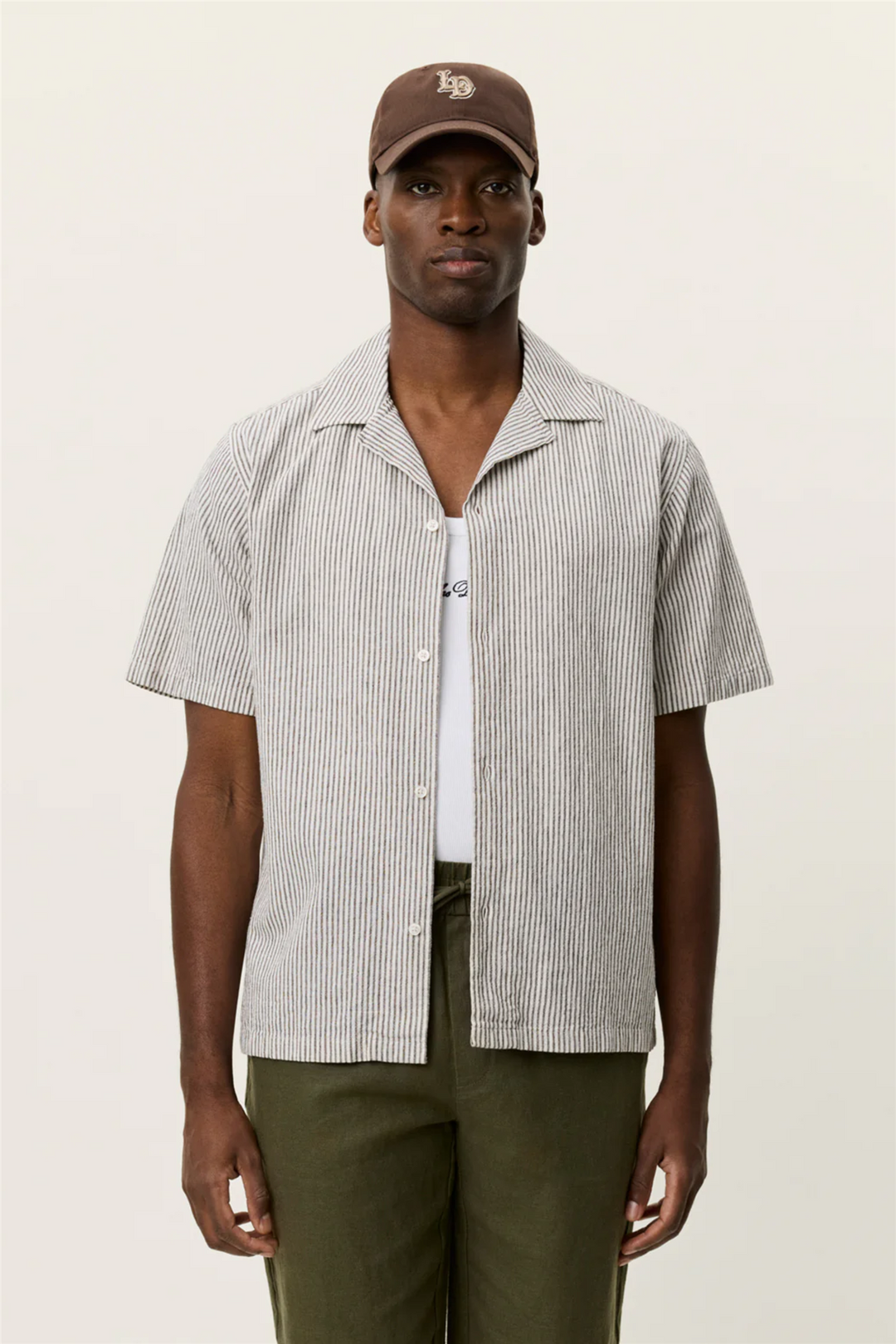 Lukas Stripe Cotton Linen SS Shirt Teak Brown