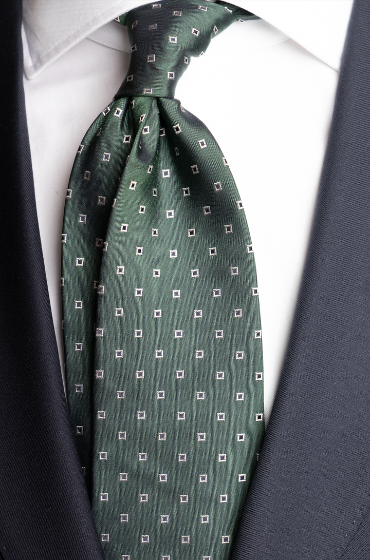 Silk Woven Tie Green with Navy Squares