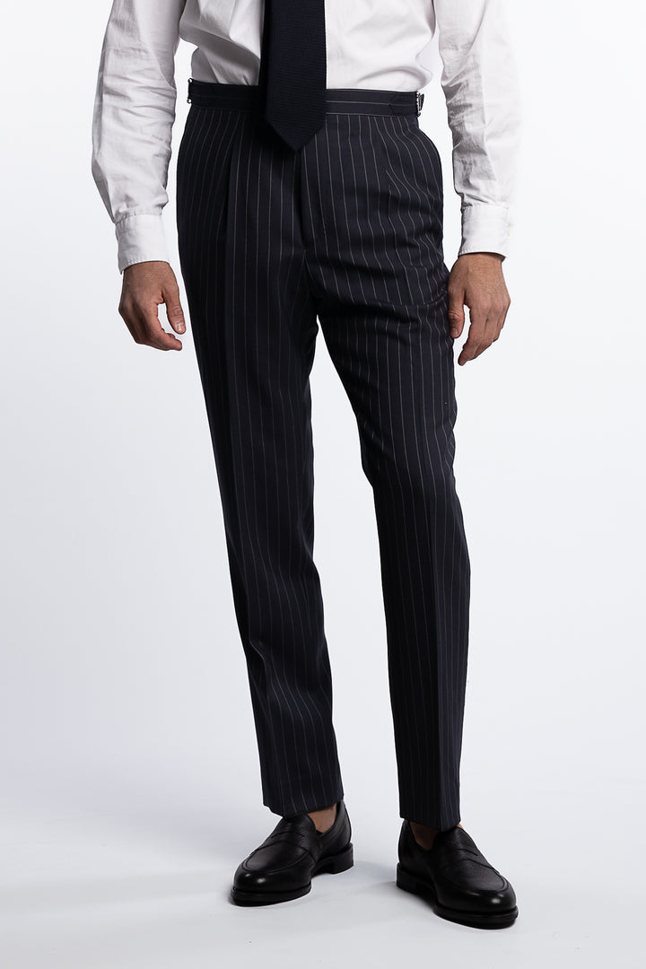 Delon Wool Regular Fit High Waist Pinstripe Trousers Black