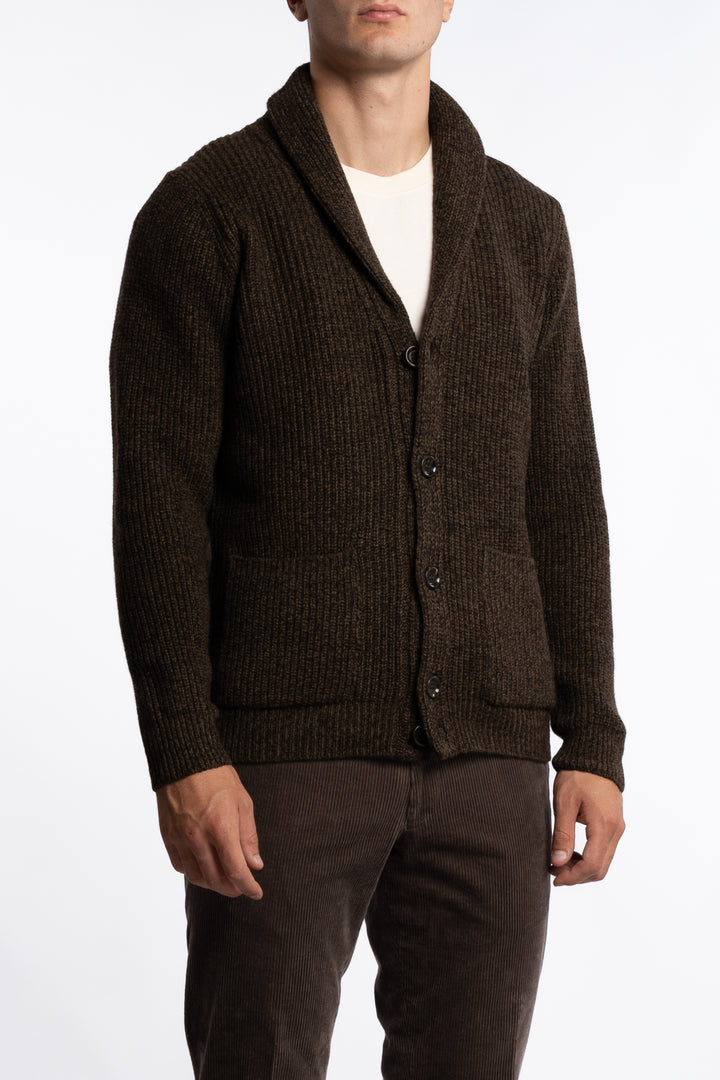 Shawl Collar Wool Cardigan Brown Melange
