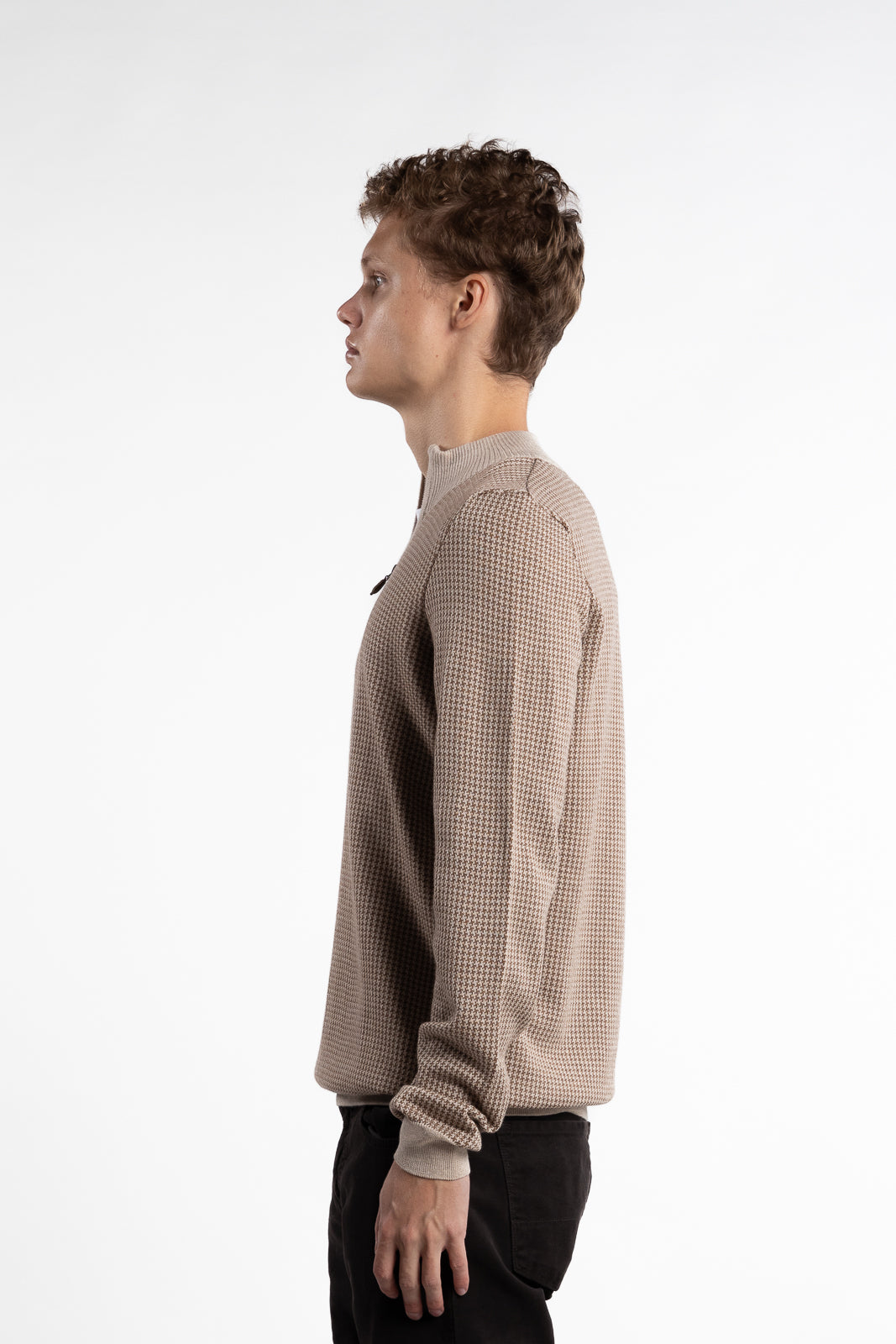 Sweater Half Zip Pepita Merino Wool Beige