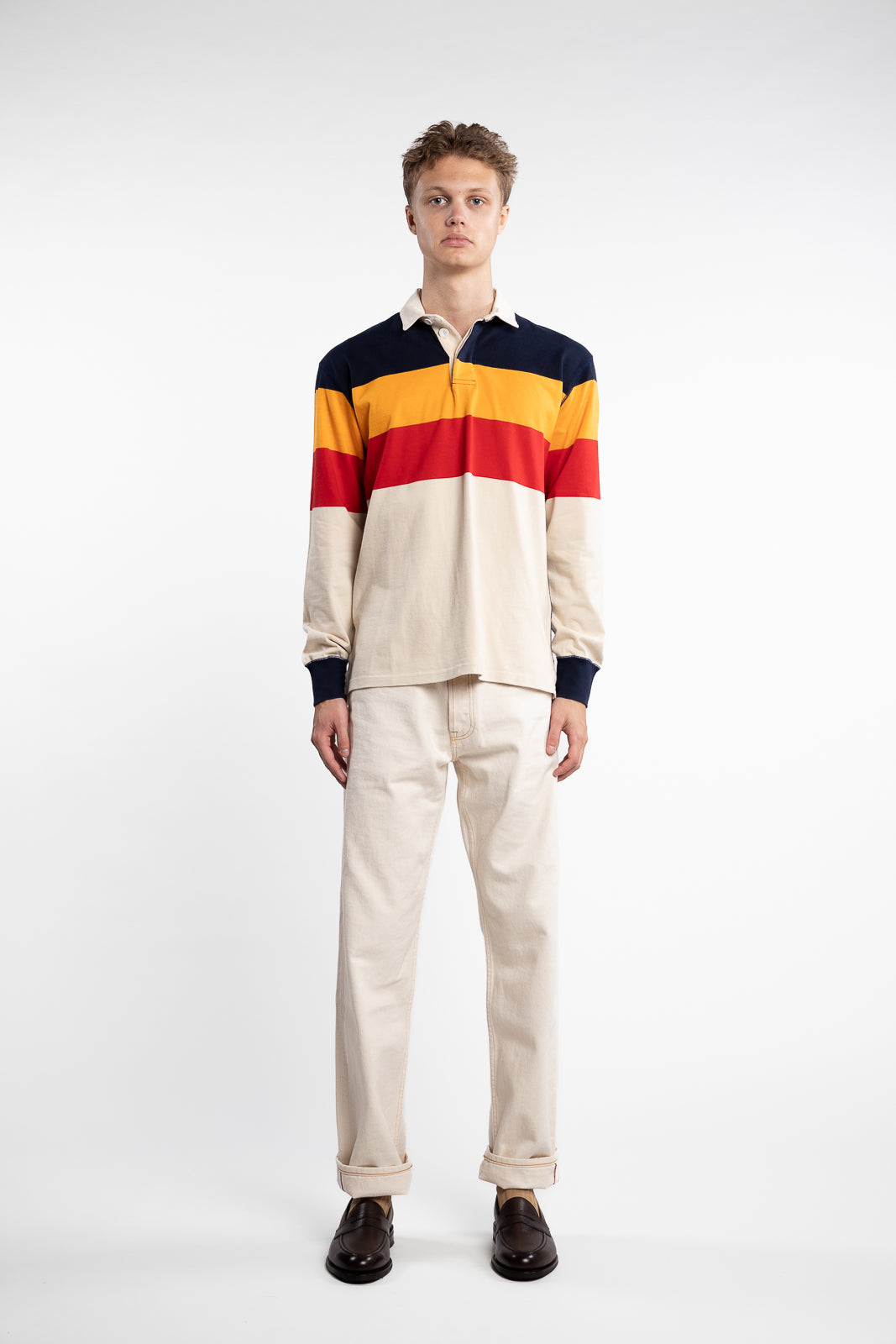 Cotton Rugby Shirt Navy/Yellow/Red Block Stripe