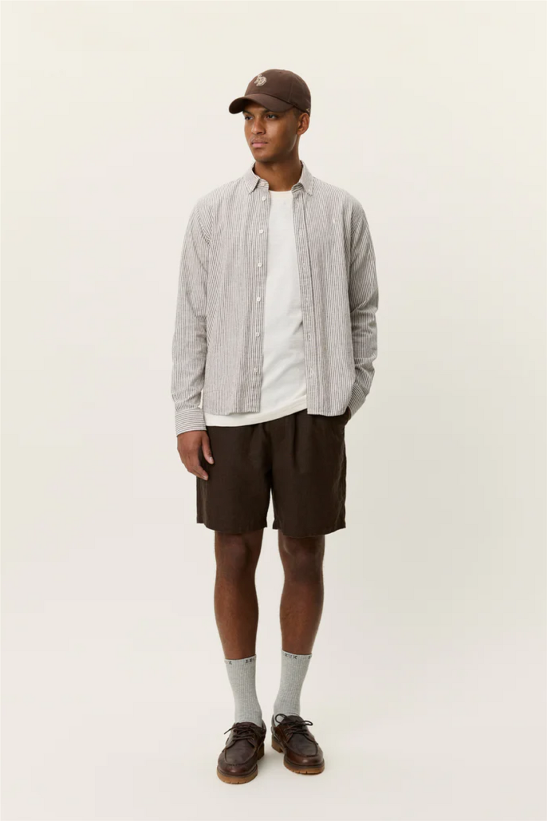 Konrad Stripe Cotton Linen Shirt Teak Brown