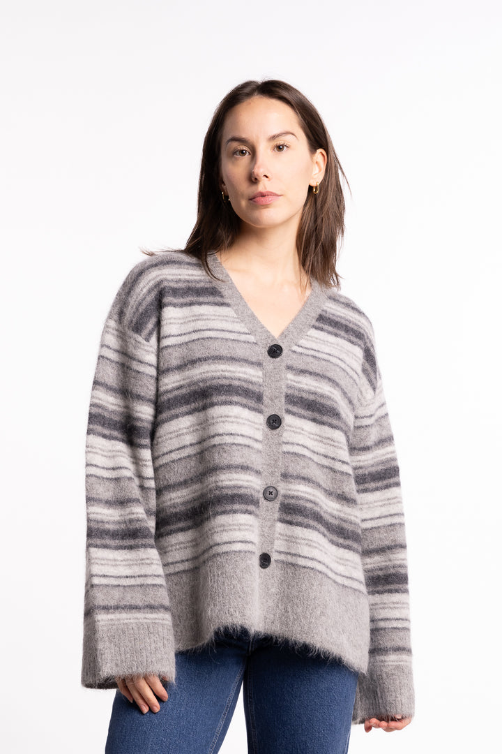 Fluffy Stripe Cardigan - Grey Stripe