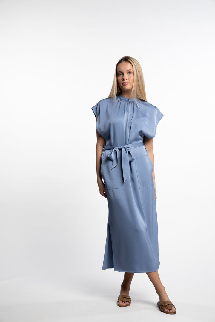 Belted Stand Collar Dress- Air