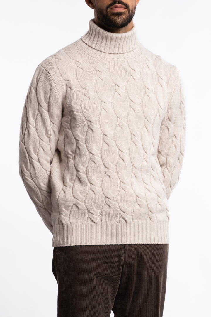 Cabled Virgin Wool Turtleneck Beige