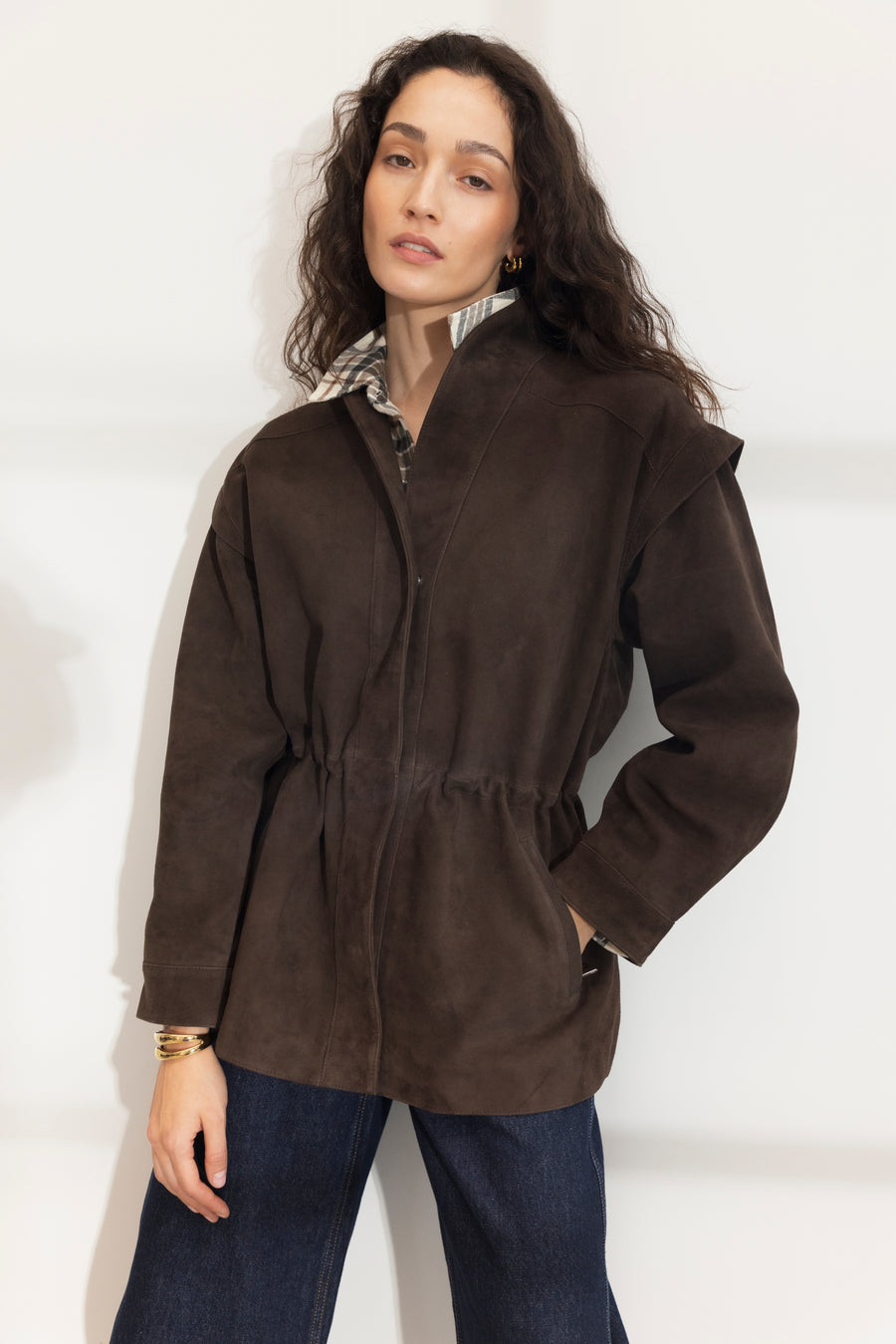 Winnie Leather Jacket - Dark Brown Suede modell
