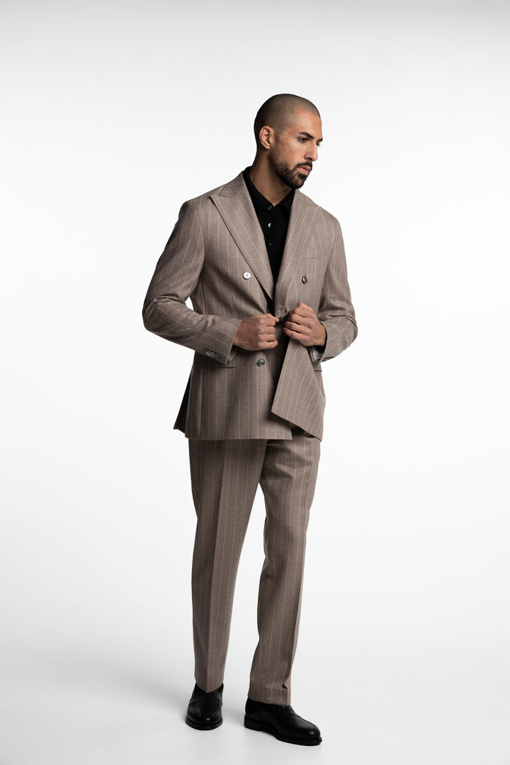 Farris Double Breasted Wool Blazer Sand Beige Pinstripe