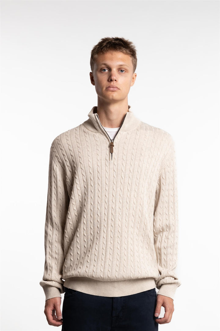 Half Zip Cable Knit Ecru Melange