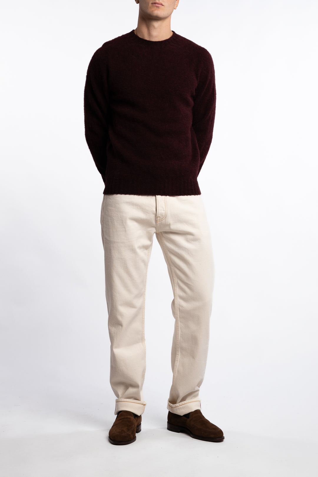 Brushed Shetland Crew Neck Jumper Burgundy
