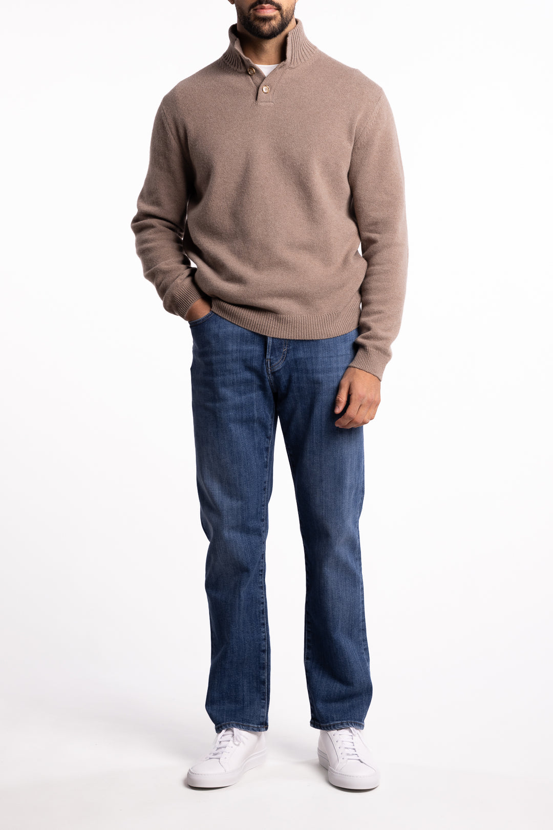 Merino Wool/Cashmere Button Neck Beige