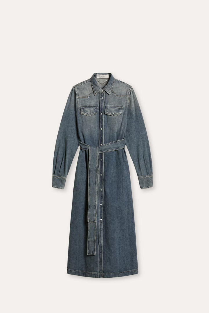 Shirt Dress With Belt- Washed Denim