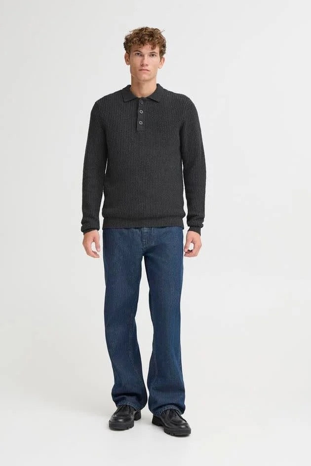 Gahn 1X1 Rib Polo Knit Dark Grey
